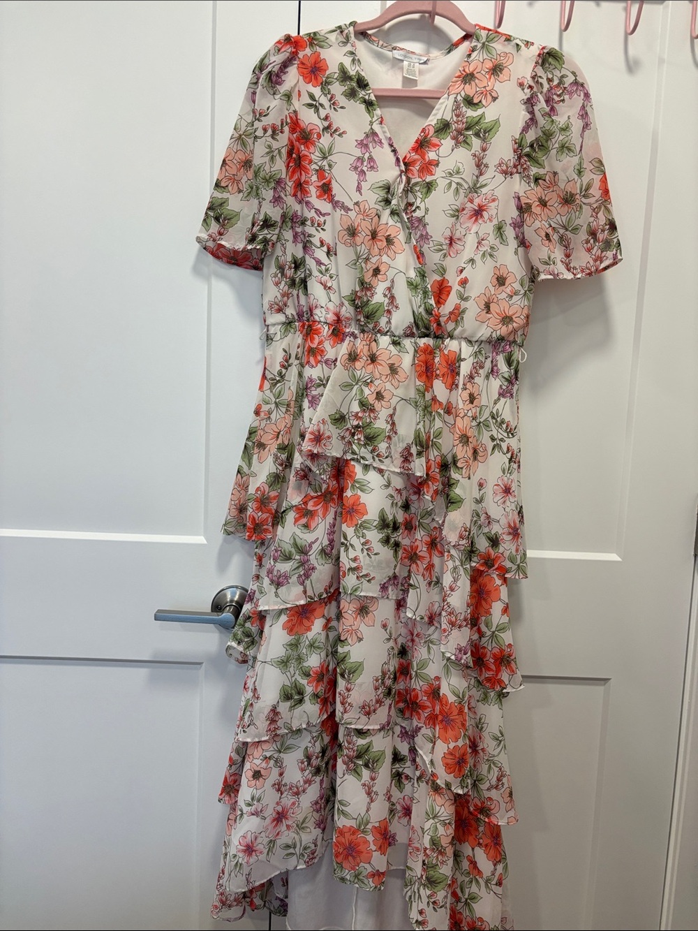 London Times White Floral High-Low Ruffle Midi Dress with Orange & Pink Flowers